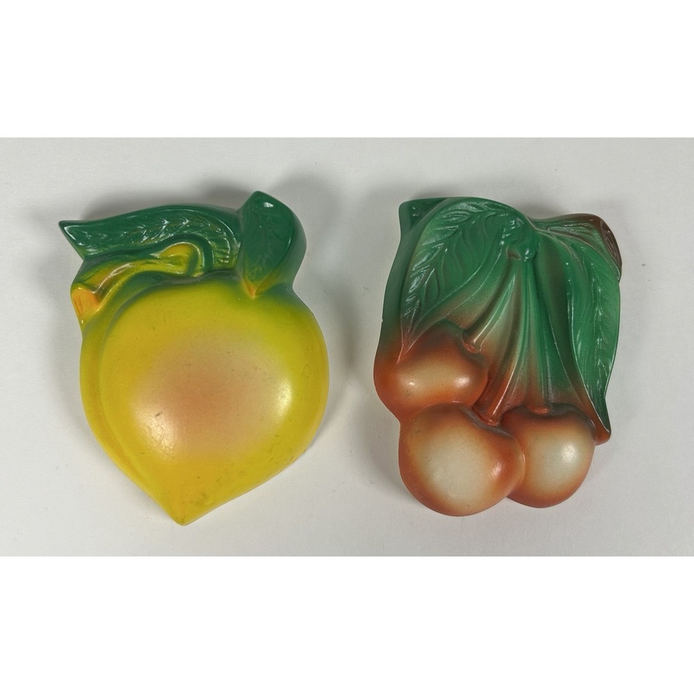 Pair Chalkware Fruit Wall Hanging Plaque Decor Cherry Lemon Small Grannycore